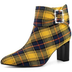 Plaid Pointy Toe Rhinestone Bow Zipper Chunky Heels Yellow Ankle Boots